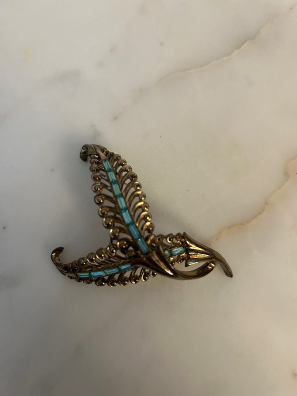 Coro-Craft Gold-Tone Brooch with Turquoise Rhinestones